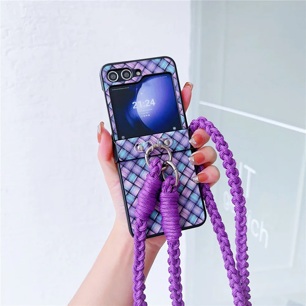 Crossbody Lanyard  Colorful Woven Leather Case for Samsung Galaxy Z Flip 5 4 3 Flip5 Flip4 Flip3 5G Hard Shell Shockproof Cover