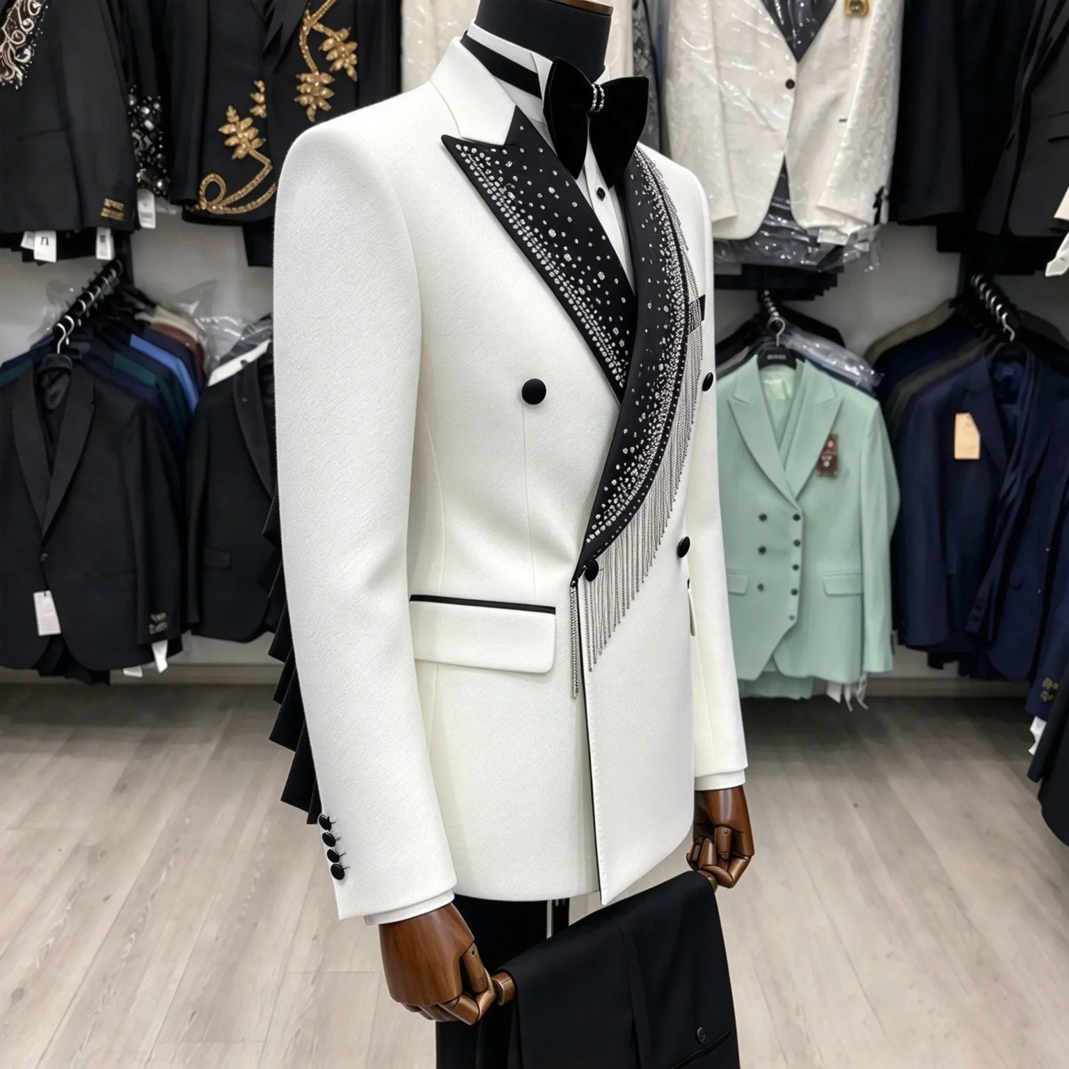 Fashion 2 Pieces Crystals Men's Suits Double Breasted Peaked Lapel Jacket Sets Tassels Customized Trajes Para Hombre
