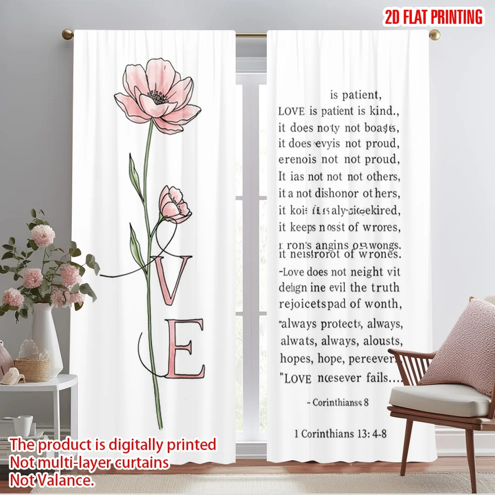

2pcs 2D flat printing Scene Curtains Love Flower Bible Verse Polyester Without Electricity Festive Holiday for Holiday Decor