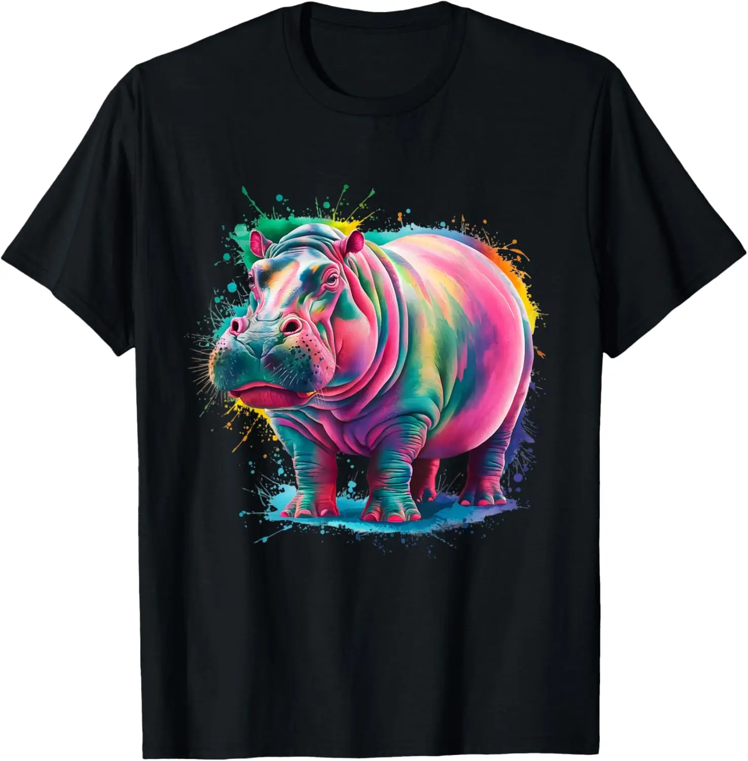 

Colorful Watercolor Hippo Graphic Tee Abstract Animal Print Short Sleeve T-Shirt For Men Women