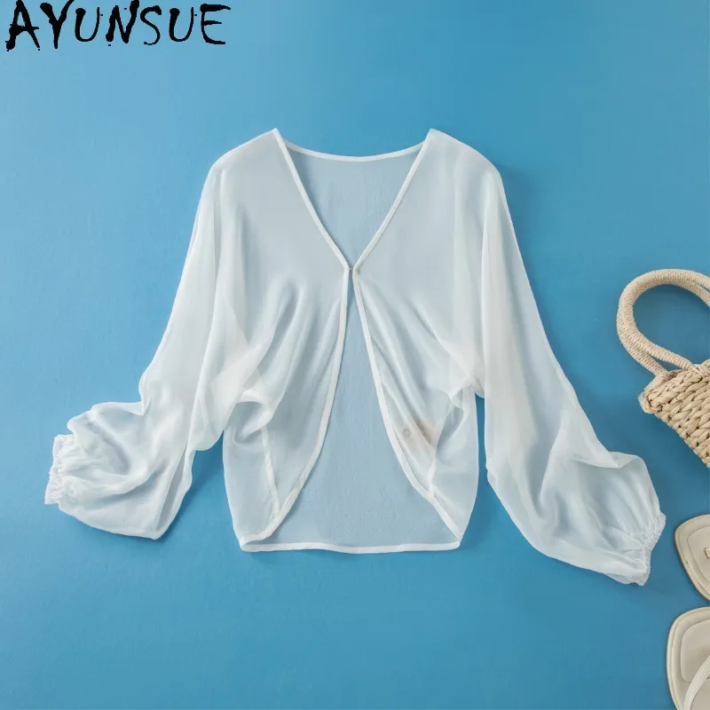 AYUNSUE 100% Silk Sunscreen Clothes for Woman Casual Solid Color Summer Top New Arrival Thin Cardigan Woman Clothes Ropa Mujer