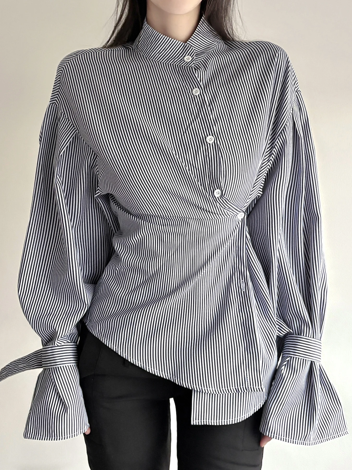 

WEEKEEP Casual Loose Long Sleeve Striped Stand Collar Women's Shirt Versatile Street Style Polyester Button up Top