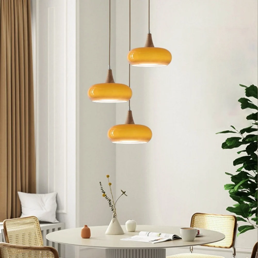 Creative Glass Pendant Lamp Modern Cream Style Solid Wood Pendant Light Dining Table Kitchen Island Cafe Study Pendant Lamp