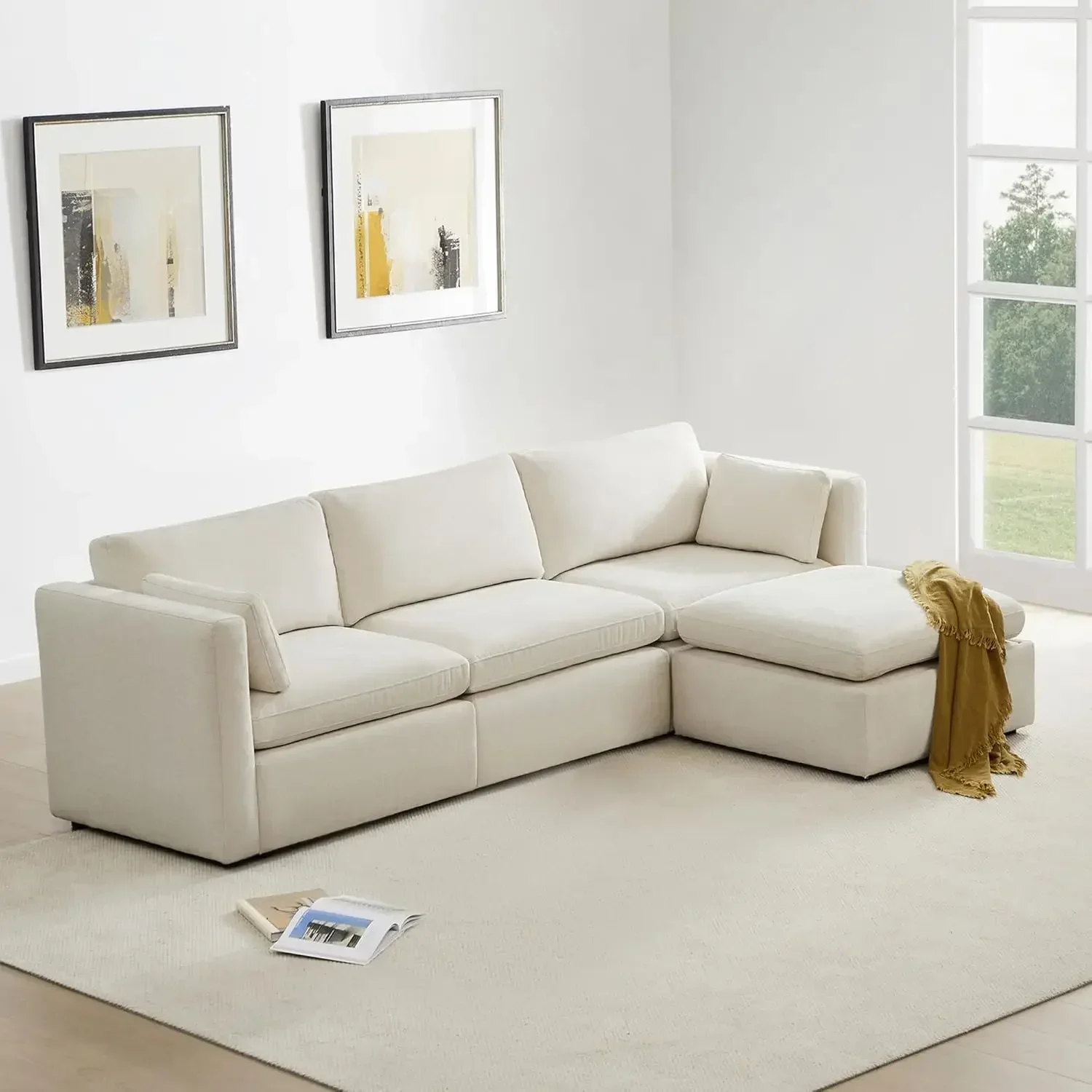 Oversized Modular Sectional Fabric Sofa Set, FSC Certified Extra Large L Shaped Couch Reversible Chaise Couch, Ottoman, Linen