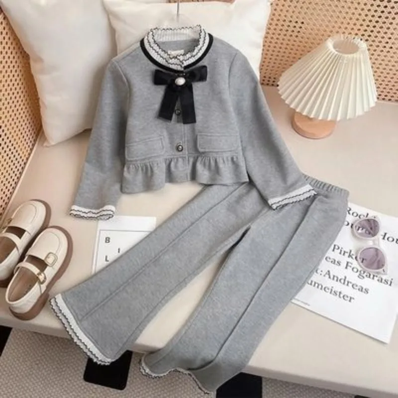 UNITIM Autumn 4-14Yrs Kids Girls 2PCS Clothes Set Children Girls Bow Cardigan Coat Suits Loose Teens Girls Wide Leg Pants Outfit