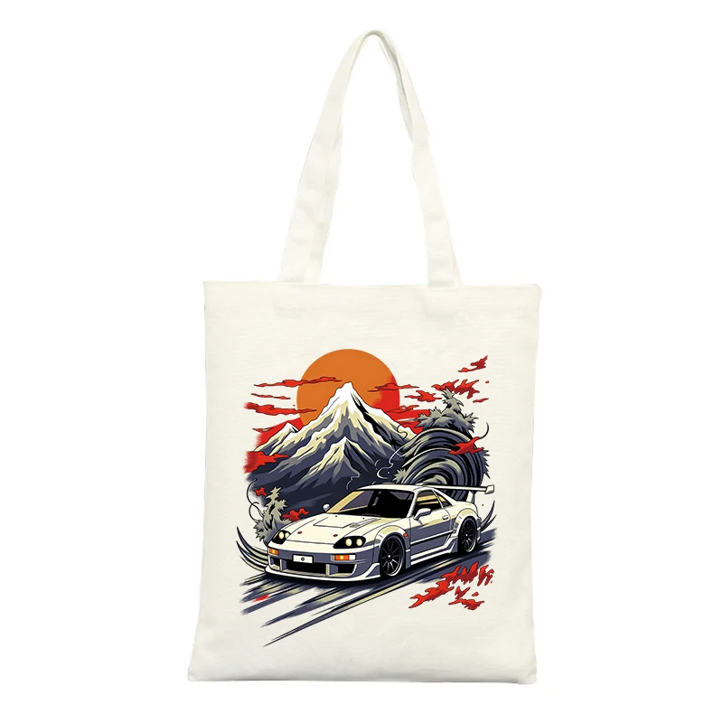 Canvas Tote Bag with Racing Car and Mountain Graphic, Retro Style for Casual Shopping and Daily Use