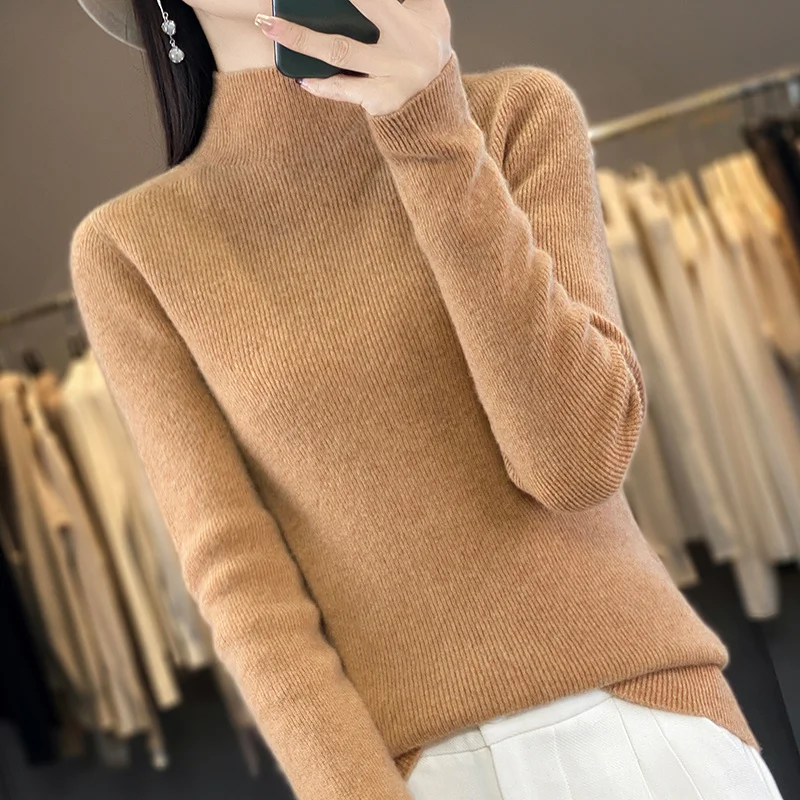 

100% Merino Wool Women's Sweater Slim-fit Long-sleeves Half height collar Fashion Pullover Tops Female Sexy-body