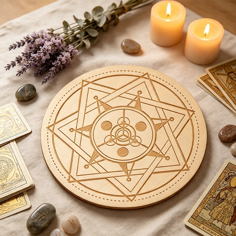3pcs Wooden Crystal Grid Board Seven Star Array Round Slices Plate Mats Pads Coaster Witchcraft Altar Ritual Sacred Space Decor