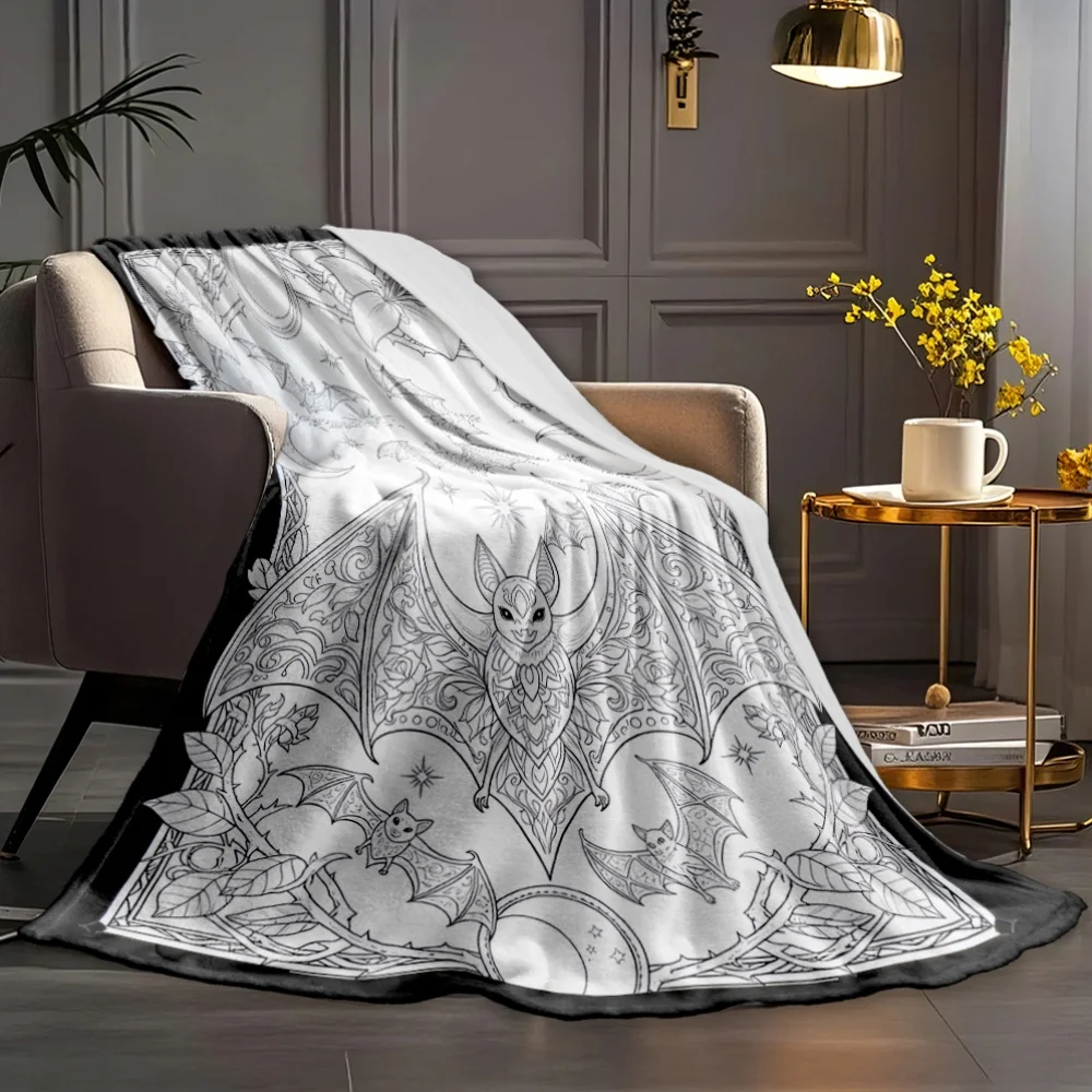Gothic Bat Moon Star Floral Flannel Throw Blanket, Mysterious Sketch Art Print Soft Cozy Blanket Sofa Couch Bed Home Decor Gift