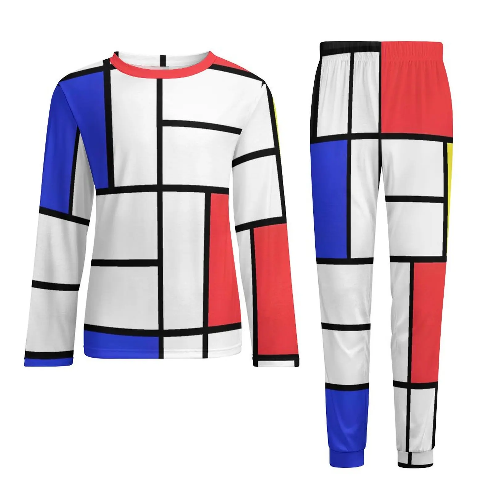 Мужские пижамы Mondrian с клетчатым принтом, крутая ночная рубашка, осенний повседневный пижамный комплект из двух предметов с длинными рукавами и