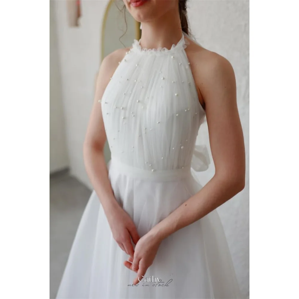 Cathy White Tulle O-neck Wedding Dresses Small Pearl Beading A-line vestidos de noche Ankle-length Sleeveless Formal Evening