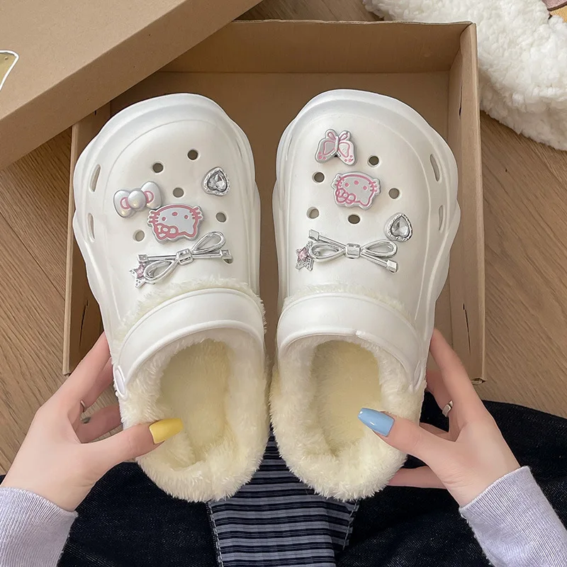 

Женские хлопковые тапочки Hellokitty, зимняя домашняя обувь Sanrio, нескользящая съемная хлопковая обувь на толстой подошве, милая женская уличная обувь, новинка