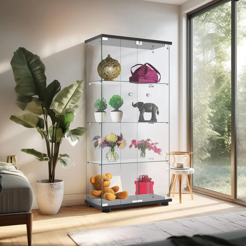 Double Door Lockable Glass Curio Cabinet, 4-Tier, 65H x 32L x 14W, Black for Living Room/Bedroom