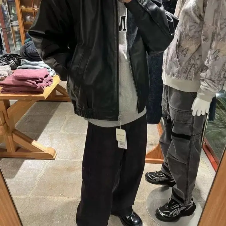 

BEAMS SSZ Loose American Style Faux Sheepskin (PU) Turn-Down Collar Zipper Biker Leather Jacket