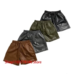 THUG CLUB Shorts High Street Vintage Metal Logo PU Leather Short Pants Summer Men Women Loose Drawstring Casual Trousers