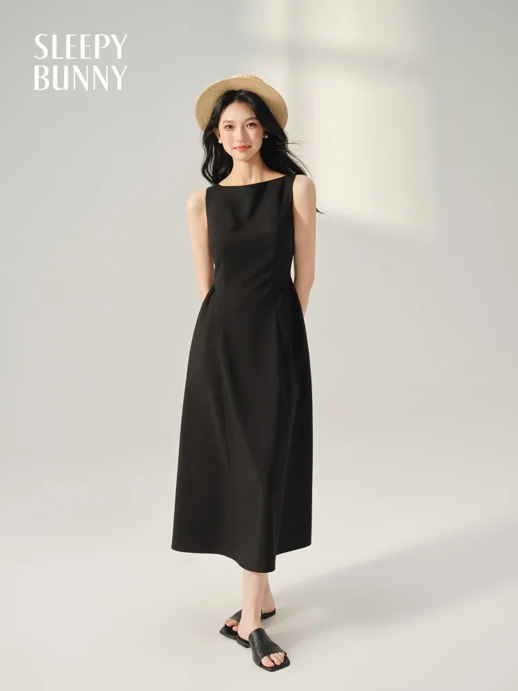 

Elegant Black Sleeveless Dress Women Summer Hepburn Boat Neck Long Maxi Dress Classic Slim Fit A-Line Gown Party Daily Chic Look
