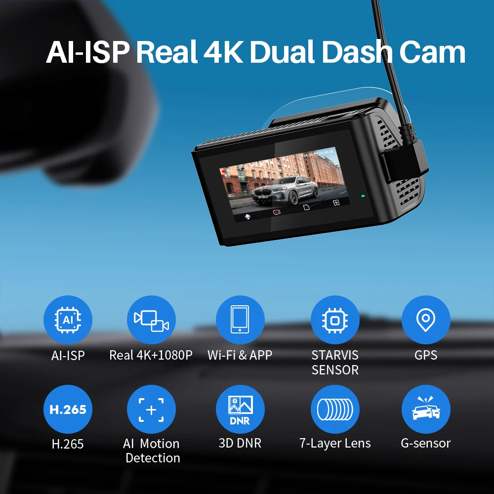 KAWA D11 Front and Rear Dash Cam 4K WiFi Car DVR GPS Video Recorder AI-ISP Color Night Vision Motion, Starvis Sensor Dashcam
