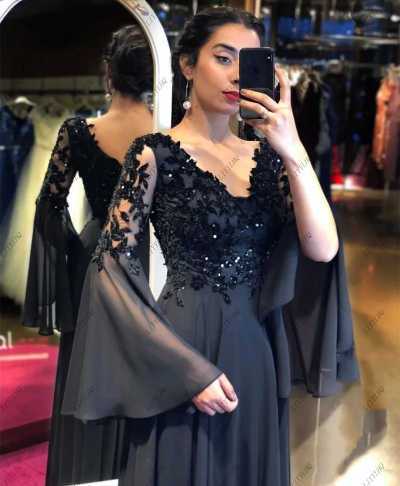 

LIYYLHQ Black Evening Dresses With Long Sleeve V-Neck Flare Lace Appliques Sequins Backless A-Line Long Elegant Women Prom Gowns