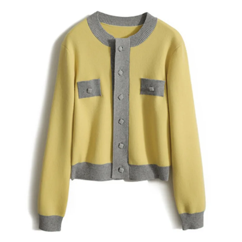 Maglione cardigan con scollo a O da donna 2024 Primavera Autunno Colori contrastanti Maglione lavorato a maglia sottile Maniche lunghe Cappotto