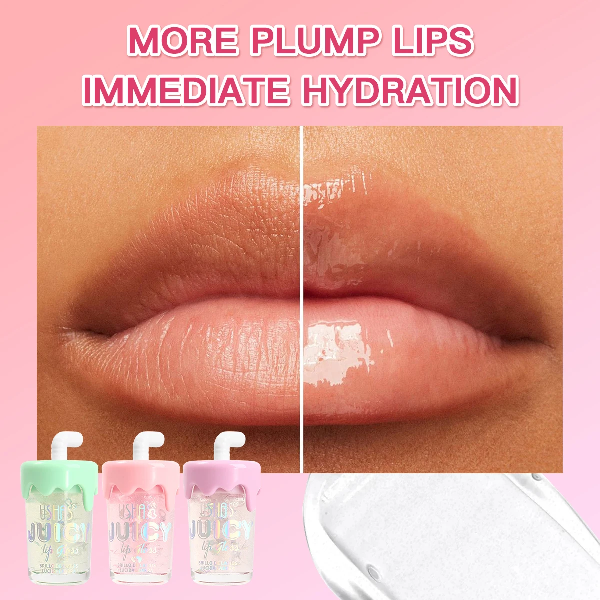 3個入り、USHAS、キュートなデザイン、フルーツリップオイル、透明感のあるツヤのある保湿リップケア化粧品、栄養のあるジェリーリップカラー