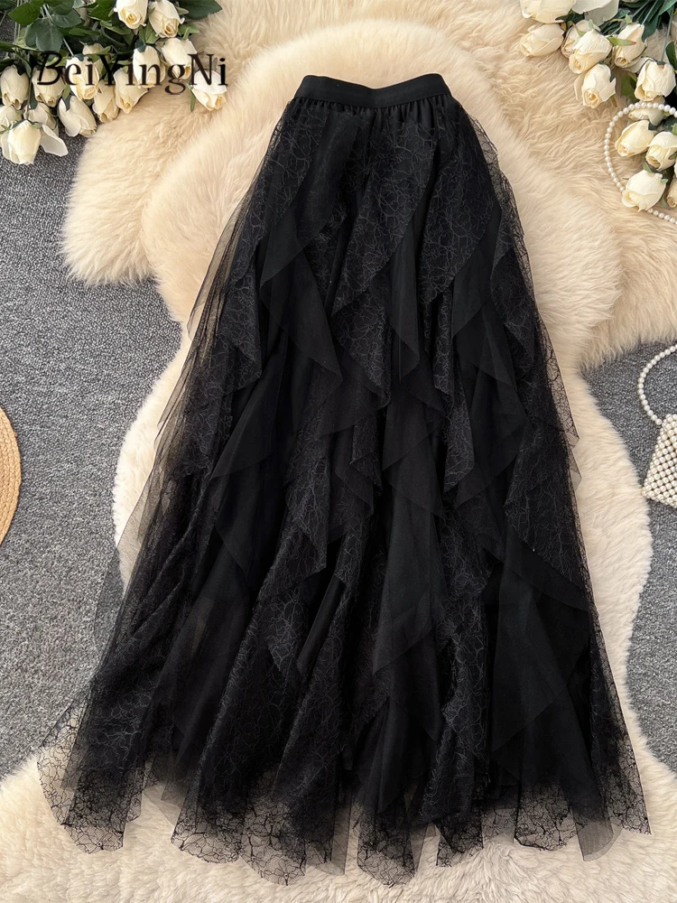 Beiyingni New Collection Tiered Mesh Skirts for Women Casual Sweet Irregular Spliced Ladies Elastic Waist Maxi Pleated Skirt