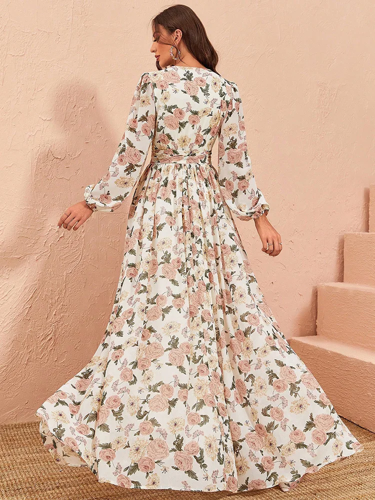 TOLEEN-Women's Floral Print Long Dress, Lantern Sleeve, V-Neck, Casual, Elegant, Holiday Swing, Maxi Dresses, Summer, New, 2024