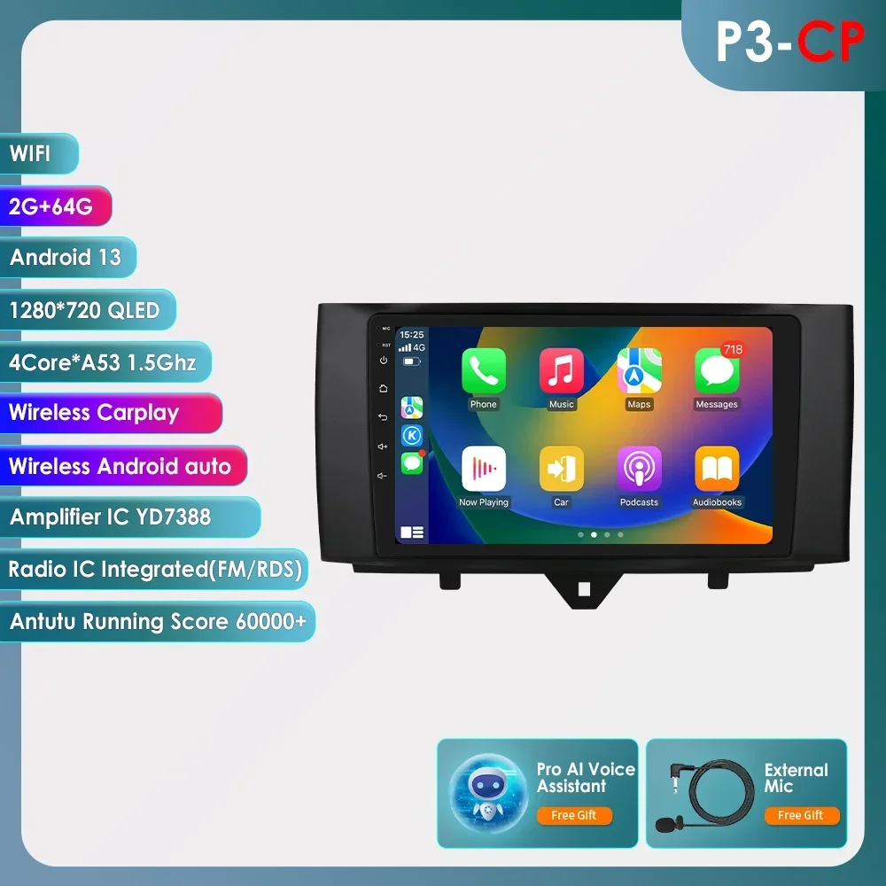 9 "ossuret android13 auto raido für mercedes benz smart fortwo 451 2010-2015 multimedia carplay stereo auto gps dsp rds 4g swc 8