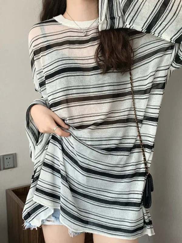 Loose Thin Striped Knitted T-Shirt Women's plus Size Summer Breathable Versatile Sun Protection Casual Style Long Sleeve Crew...