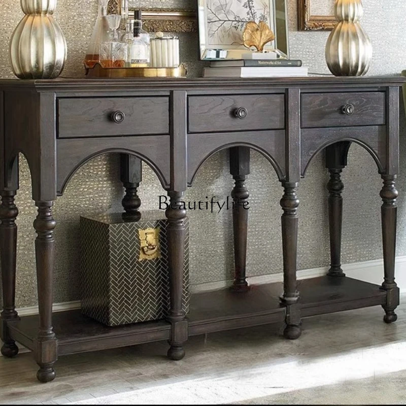 

American country solid wood old entrance table foyer cabinet oak black corridor table side table