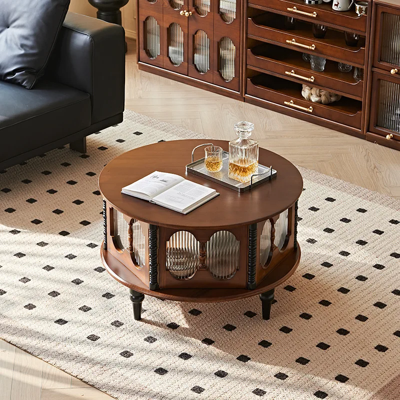 French Vintage White Ash Solid Wood Round Coffee Table – Storage & Movable Side Table for Living Room