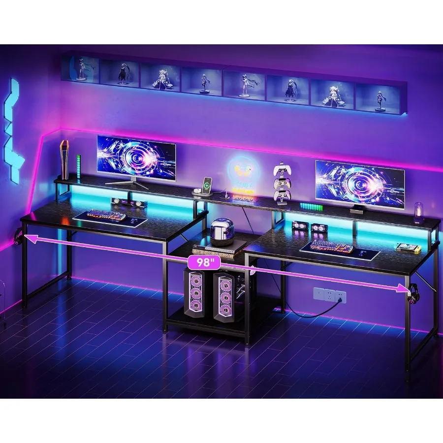 مكتب ألعاب 98 بوصة لشخصين مع أرفف تخزين لمكاتب كتابة الكمبيوتر المكتبية المنزلية المزدوجة الطويلة التي تتميز بشحن USB #2