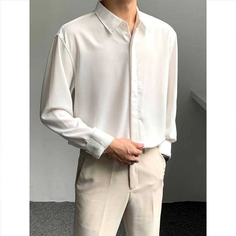 

High-end Men Clothing Ice Silk Shirt Men Solid Color Drape Korean Long Sleeve Hidden Buttons Business Casual Men Dress Shirt