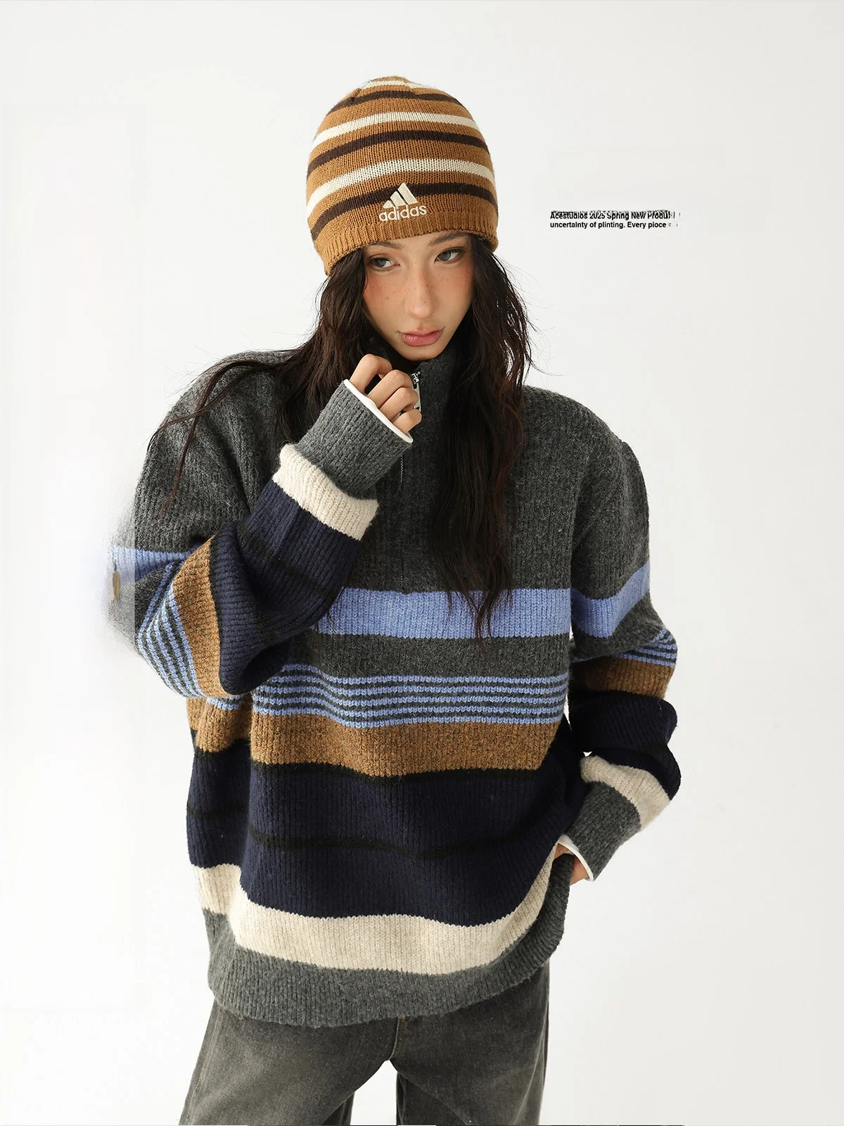

AceStudios Women's Thiened Wool High Collar Striped Color Blo Knitted Sweater Loose Fit Retro Lazy Sle Spring Autumn Wi...