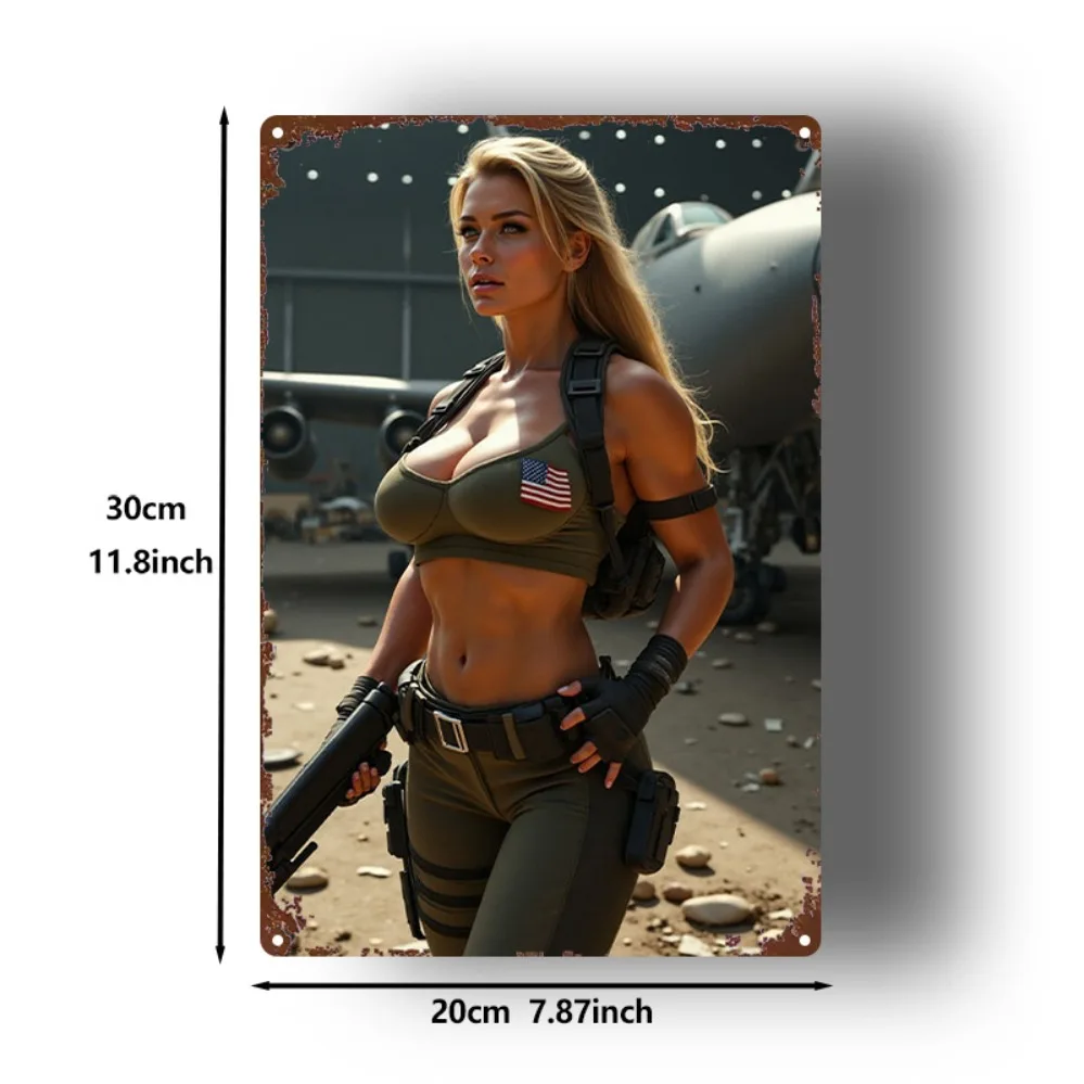 Vintage Military Metal Sign 8x12 Inch - Airplane Pinup Girl Wall Decor for Garage Man Cave
