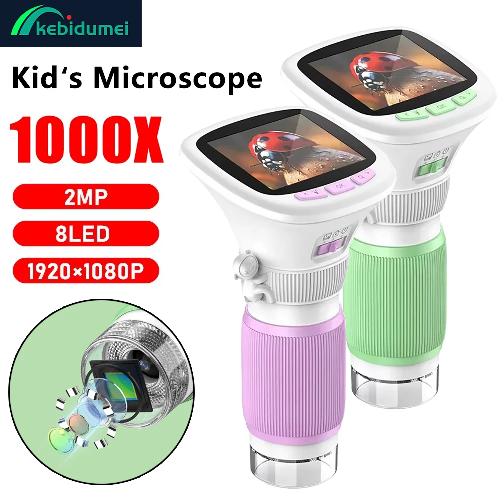 Kebidumei Kids Handheld Microscope 1000x Magnifier Microscope With 8 LED Photo Video Function Outdoor Educational For Childrens