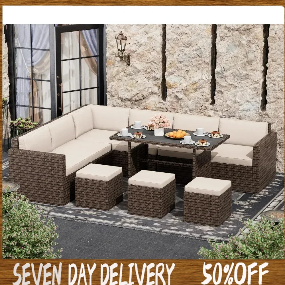 

7 Piece Patio Furniture Set, Outdoor Furniture Patio Sectional Sofa, All Weather PE Rattan Outdoor set with Cushions Table