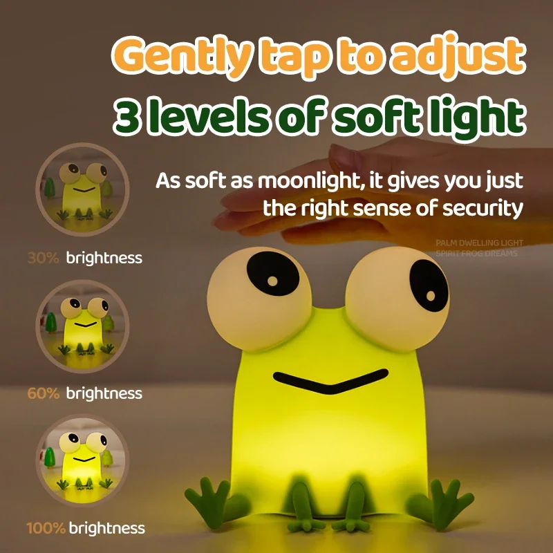 USB Rechargeable Night Light Cartoon Frog Silicone Lamp Timed Soft Light Off Mobile Phone Holder for Children's Bedroom Bedside
