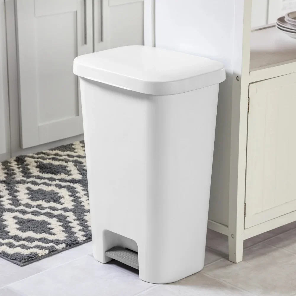11.9 Gallon StepOn Trash Can, Plastic, Kitchen, White Trash Can