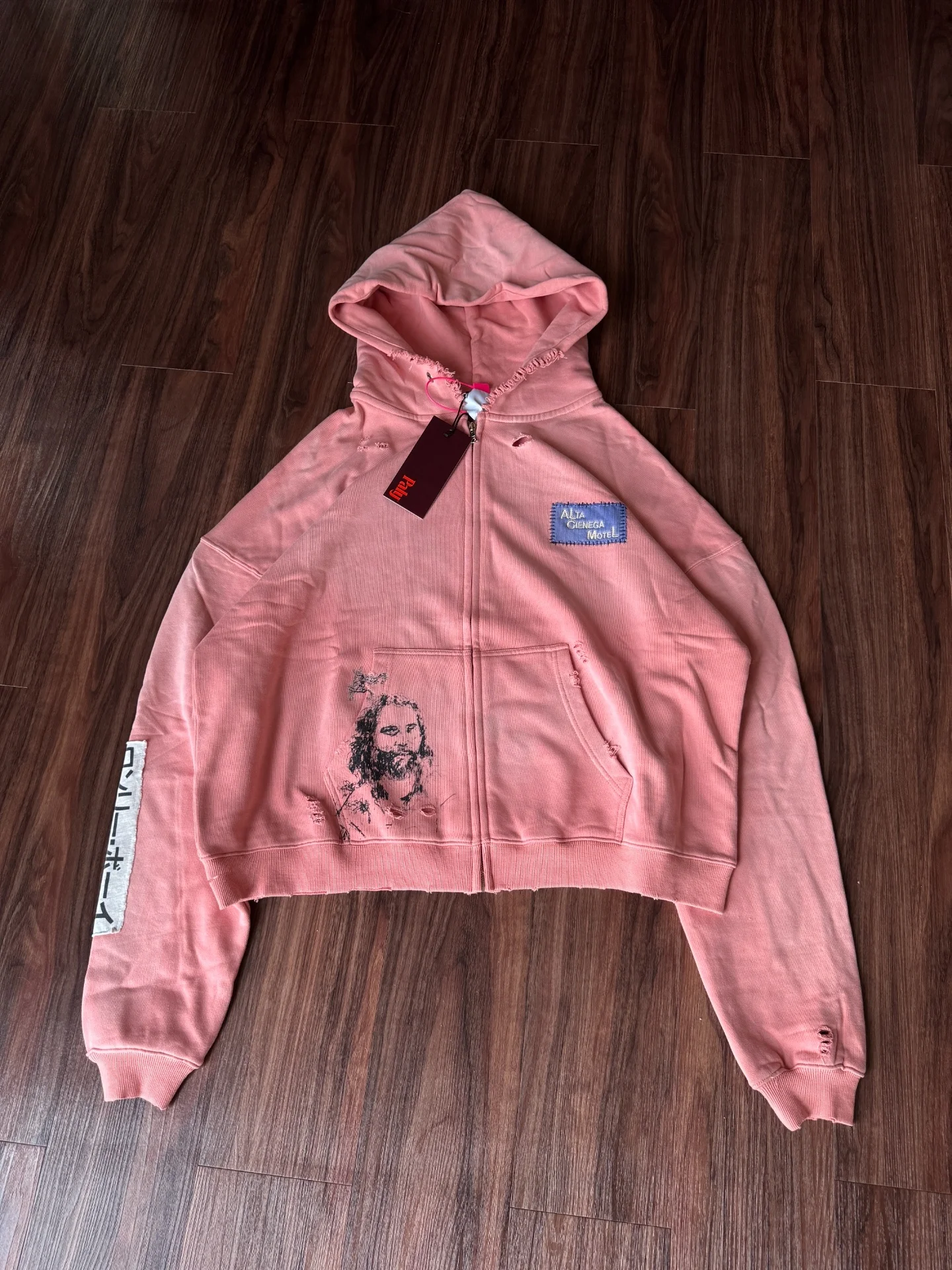 Paly Moletom Vintage Rasgado Feito à Mão com Zíper, Manga Longa, Estilo Streetwear, Corte Curto e Amplo, Jaqueta de Outono pa...