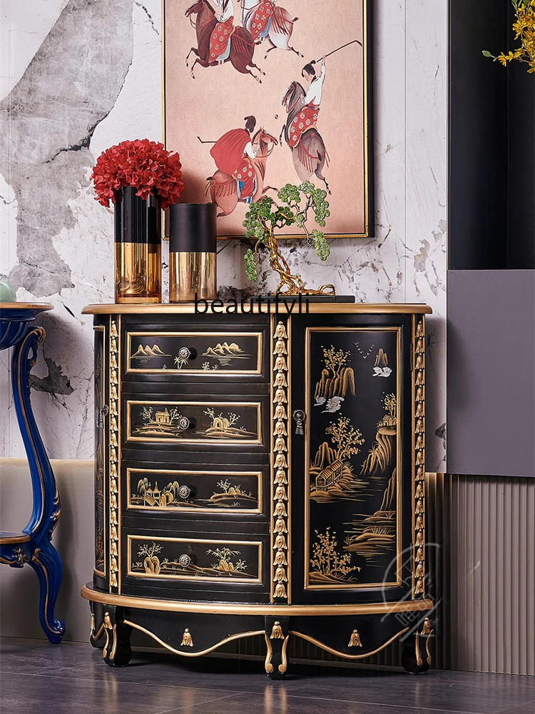 New Classical Chinese Style European-Style Painted Carved Gold-Painted Solid Wood Semicircle Arc Console Tables Cabinet