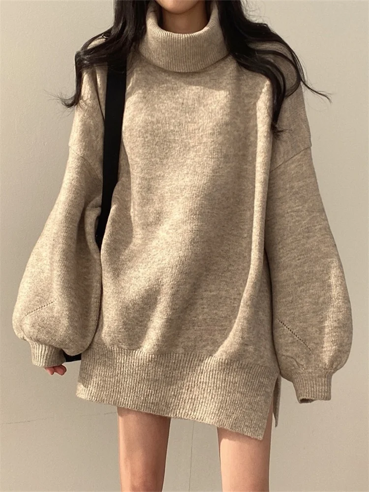 Turtleneck Knitted Sweater Women Oversized Long Pullovers Female Loose Casual Warm Jumpers Lady Korean Fashion Knitwear Pullover