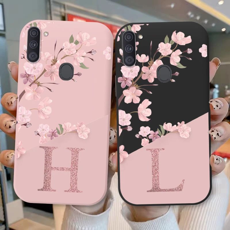 Pink Flower Case For Samsung Galaxy A11 M11 Phone Cover Soft Silicone Initial Letter Fashion Shell Coque For Samsung A 11 Fundas