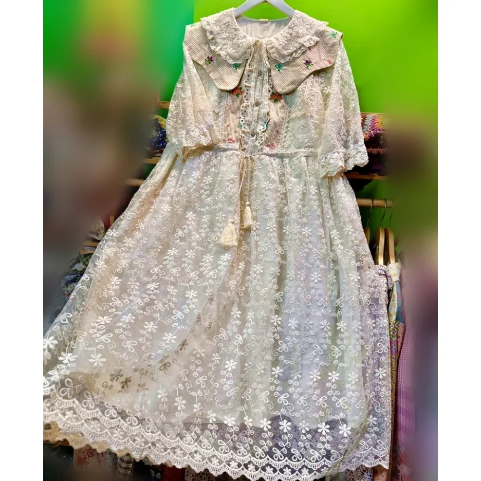 Retro Chic Cotton Linen Lace Cover Patchwork Summer Midi Dress for Women Mori Girl Japanese Harajuku Lolita Sweet Long Dress