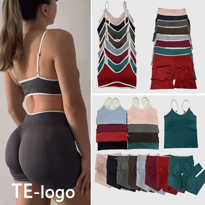 TEV 여성용 스포츠 요가 반바지 피트니스 사이클링 탄력 스포츠 팬츠 이그나이트 스컬프 스크런치 숏 요가 브라 세트 레깅스