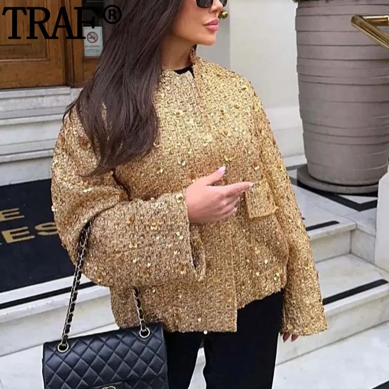 

TRAF 2024 Gold Sequin Jacket Woman Cropped Jackets For Women Glitter Y2K Autumn New In Coats Fashion Long Sleeve Aviator Jackets