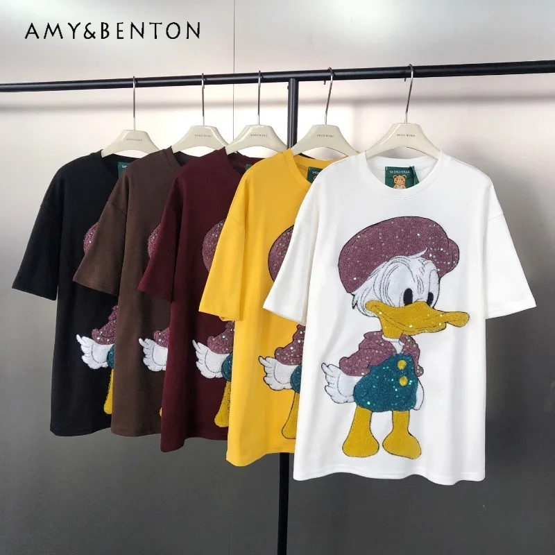 

Trendy High Street Heavy Beaded Cartoon T-shirt Towel Embroidery Patch Loose Mid-Length Short Sleeves Tshirts Pullover Ladies
