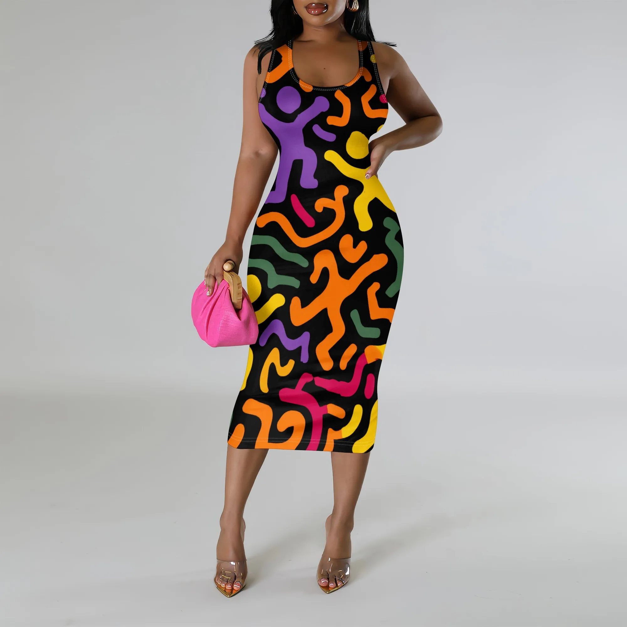 

Women's Graffiti Print Bodycon Midi Dress 2025 Summer Sleeveless Spaghetti Strap Colorful Abstract Art Party Dress XS-3XL