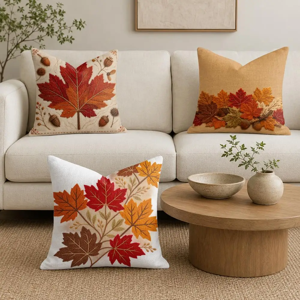 Autumn Maple Leaf Cushion Cover Organic Linen Throw Pillow Cover - Double-Sided Print Breathable Cushion Case Home Decor