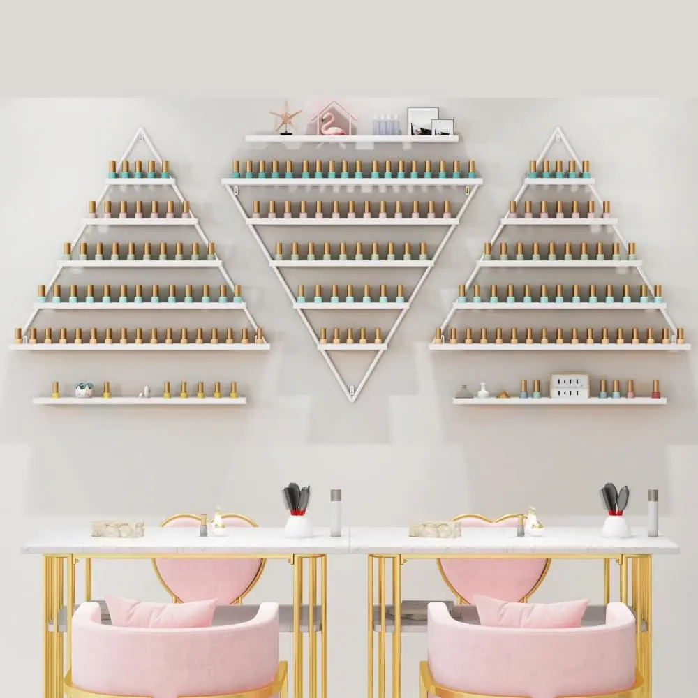 Elegant Gold Wall Mounted Nail Polish Rack - Set of 6 Triangular Cosmetic Display Shelves for Essential Oil Bottles, Organize Yo