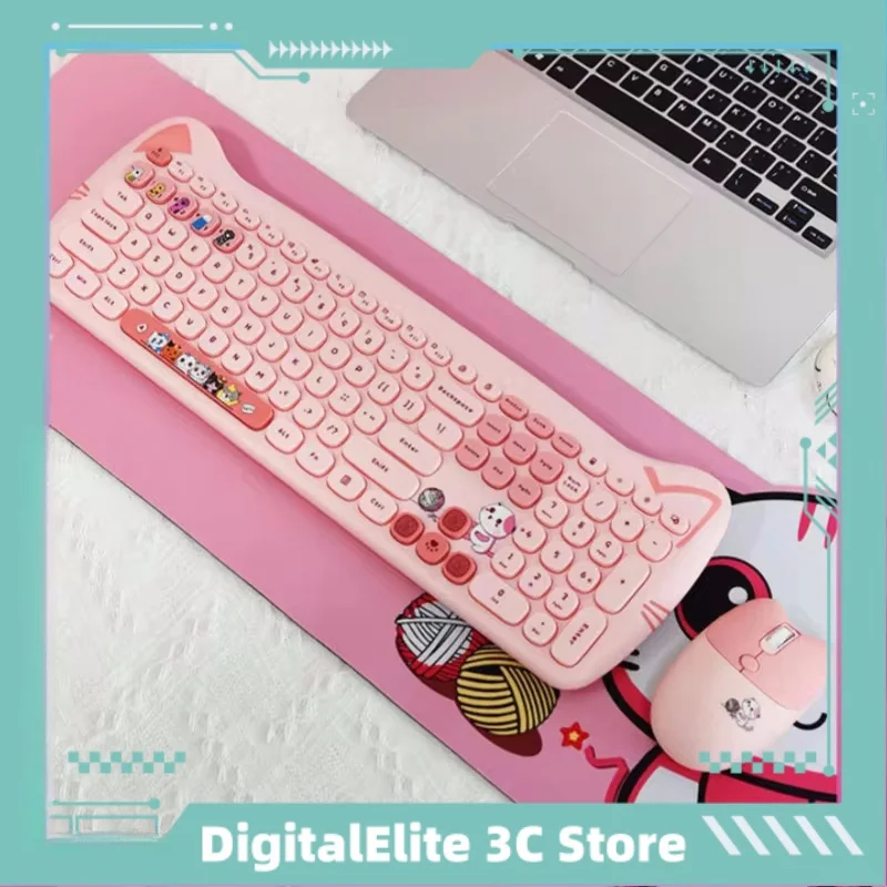 conjunto de teclado e mouse sem fio para meninas teclado fofo de escritorio formato de orelha de gato botoes de chocolate compatibilidade com varios sistemas 01